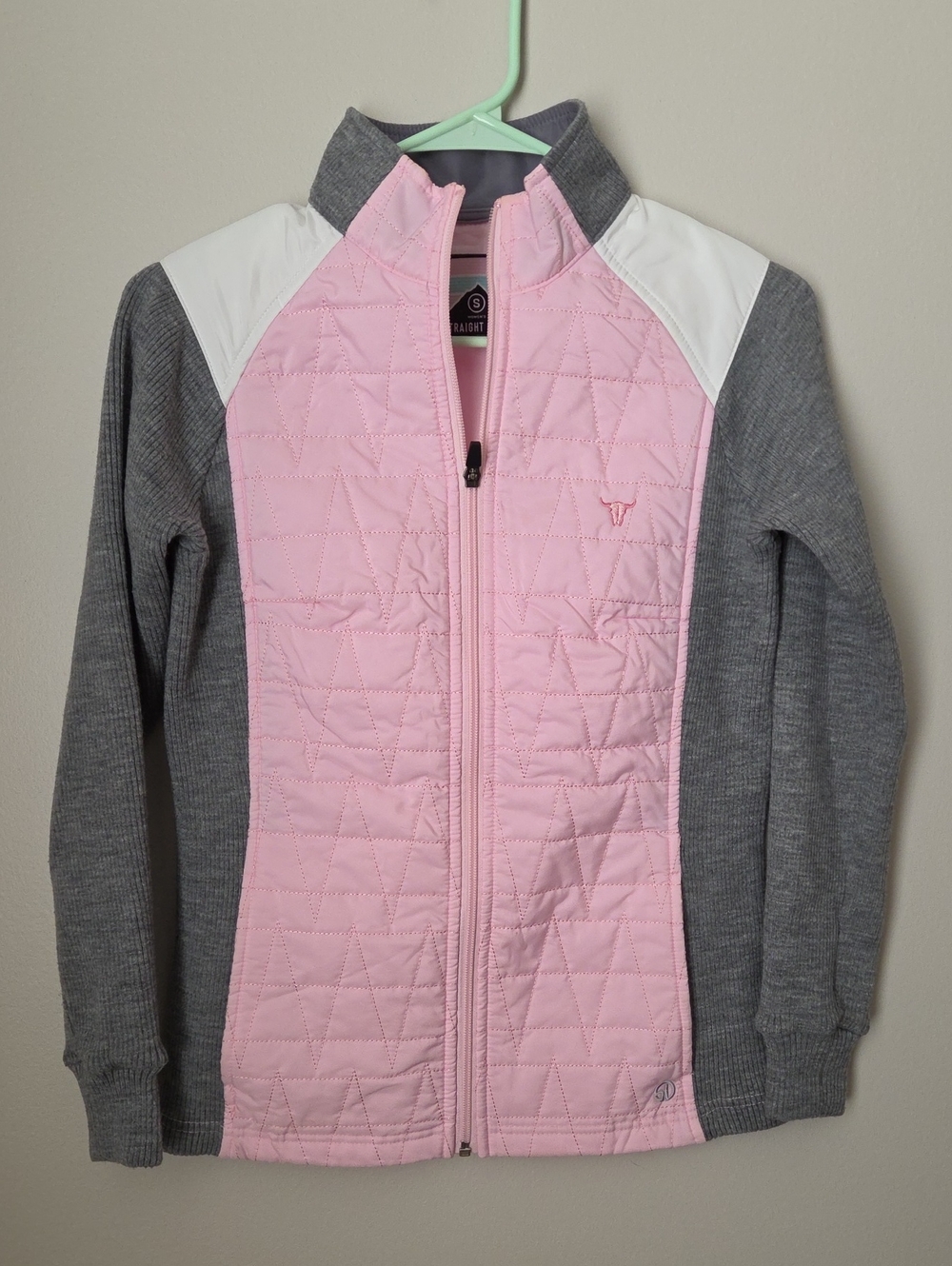 Straight Down Womens Pink Quilted Front Puffer Jacket with Gray Sleeve Panels